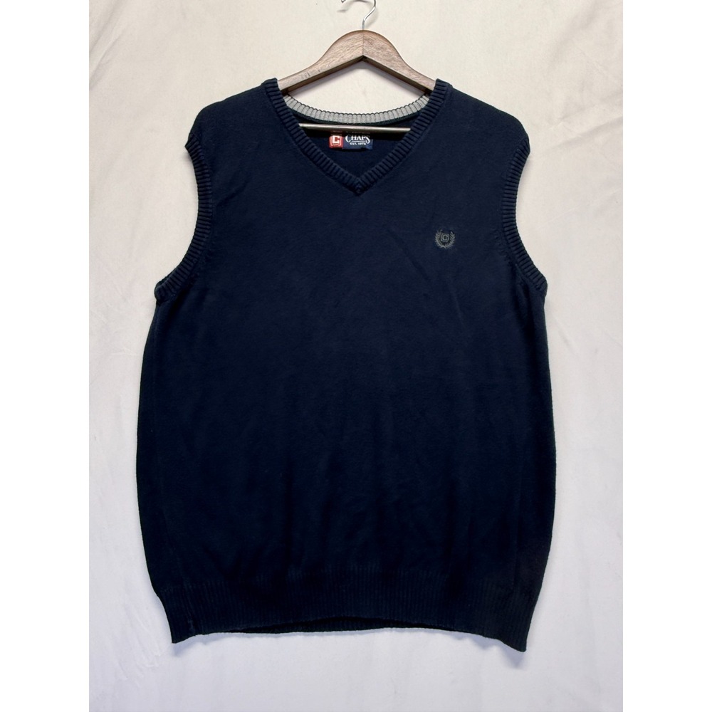 Chaps Sweater Vest Mens Medium Navy Blue Cotton Logo V Neck Tight Knit Ribbed